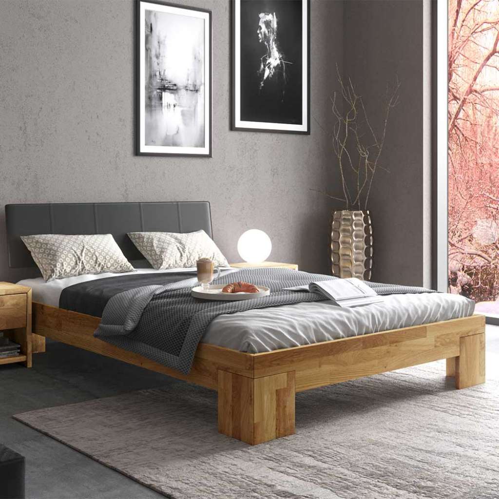 Doppelbett in Schwarz und Eiche 37 cm Einstiegshöhe