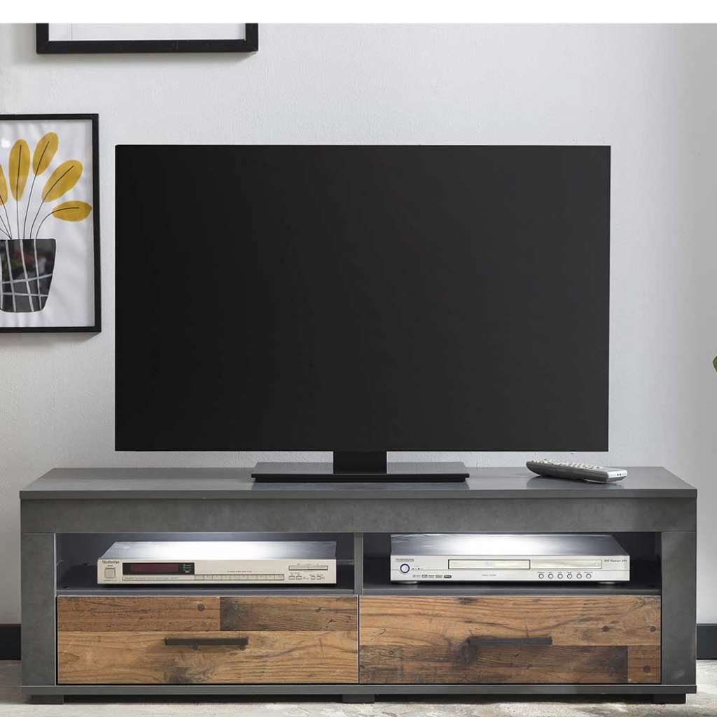 TV Lowboard in Dunkelgrau und Holz Antikfarben zwei Schubladen