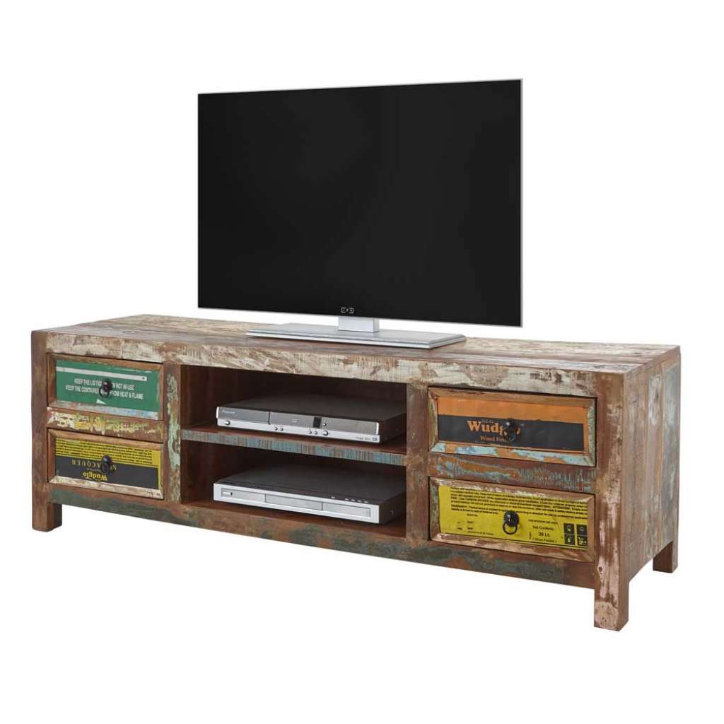 Buntes TV Lowboard aus Recyclingholz vier Schubladen