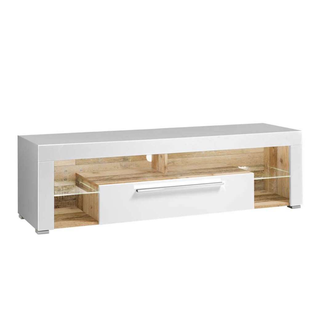 TV Lowboard in Weiß und Holz Antik LED Beleuchtung