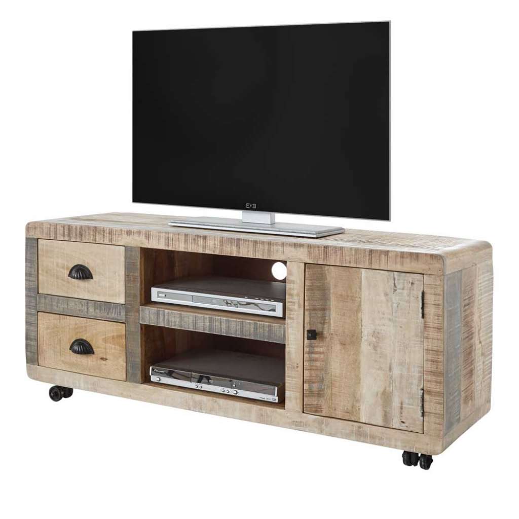 TV Board aus Mangobaum Massivholz Metallrollen