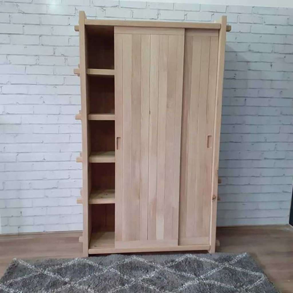 Massivholz Kleiderschrank in Eichefarben Natur 2 Schiebetüren