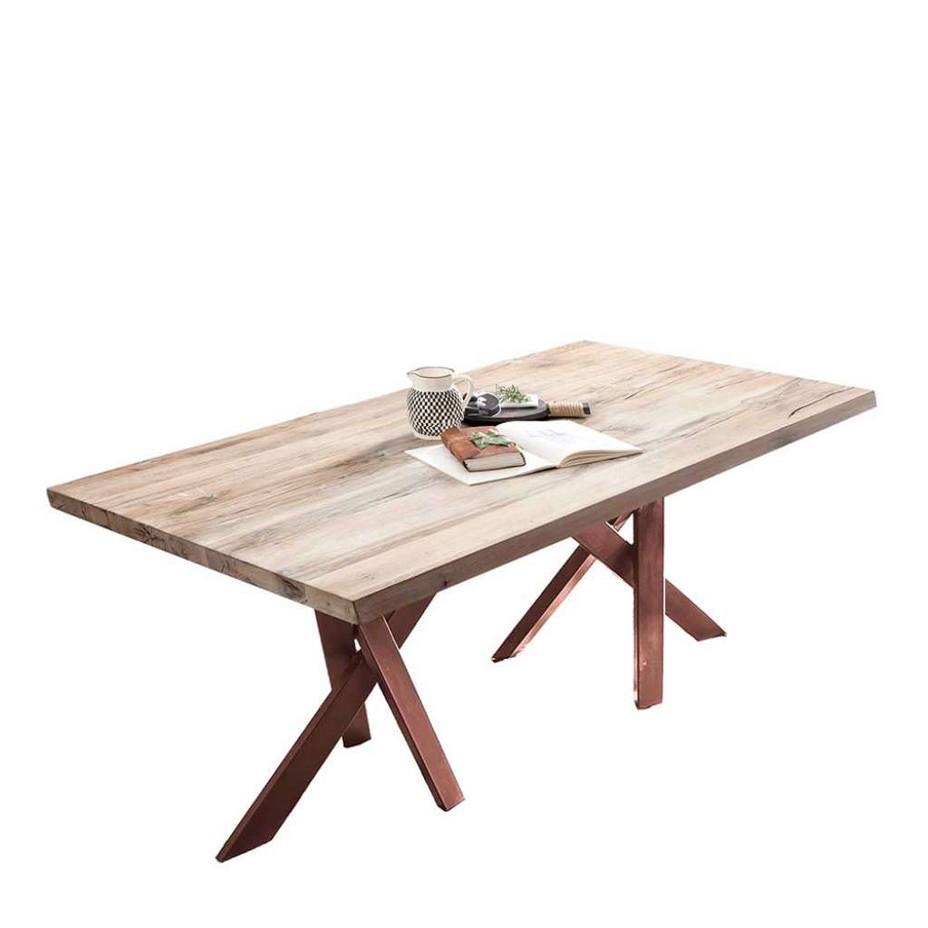 Esstisch aus Eiche Massivholz White Wash Metallgestell in Braun