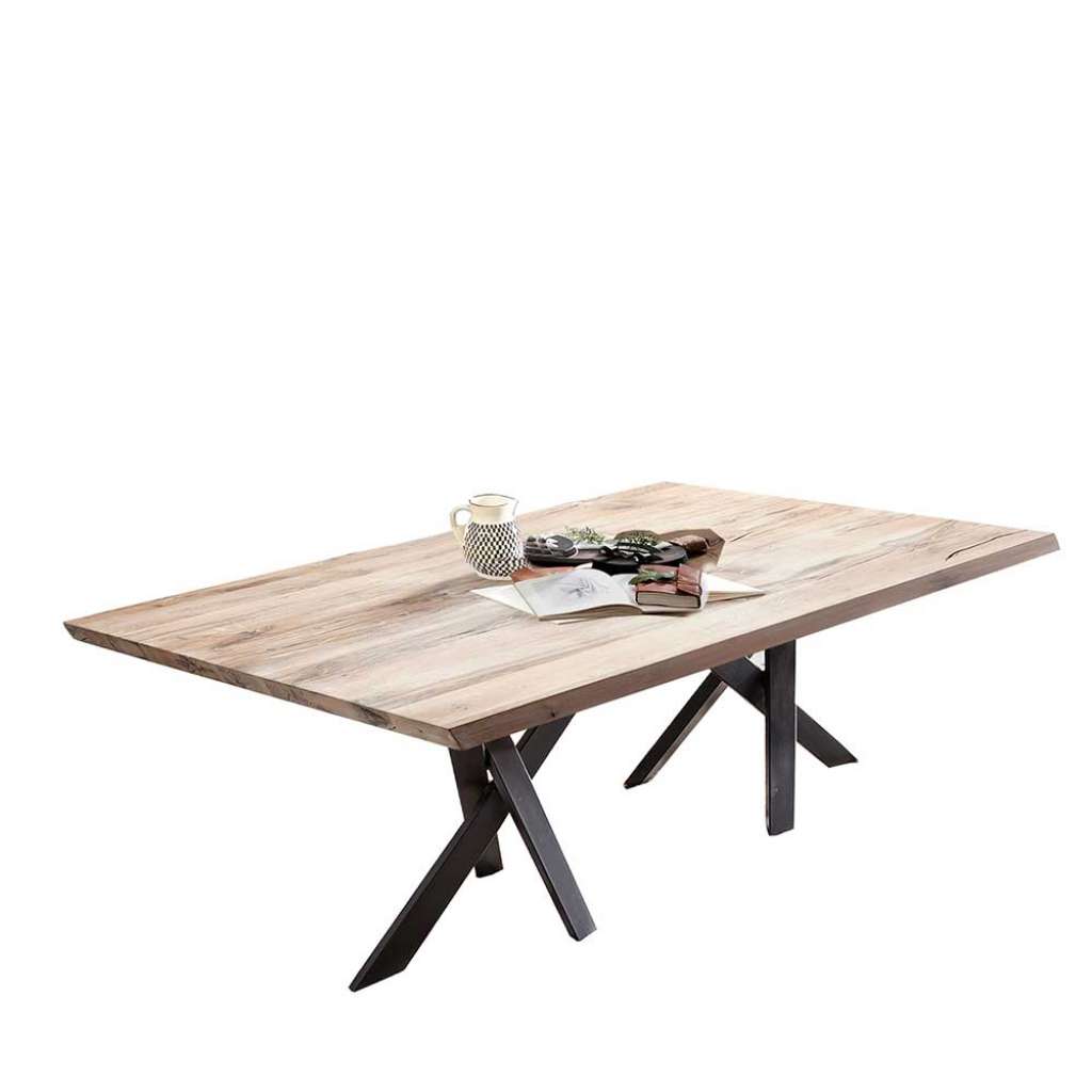 Esszimmer Tisch aus Eiche Massivholz White Wash Sechsfußgestell in Schwarz