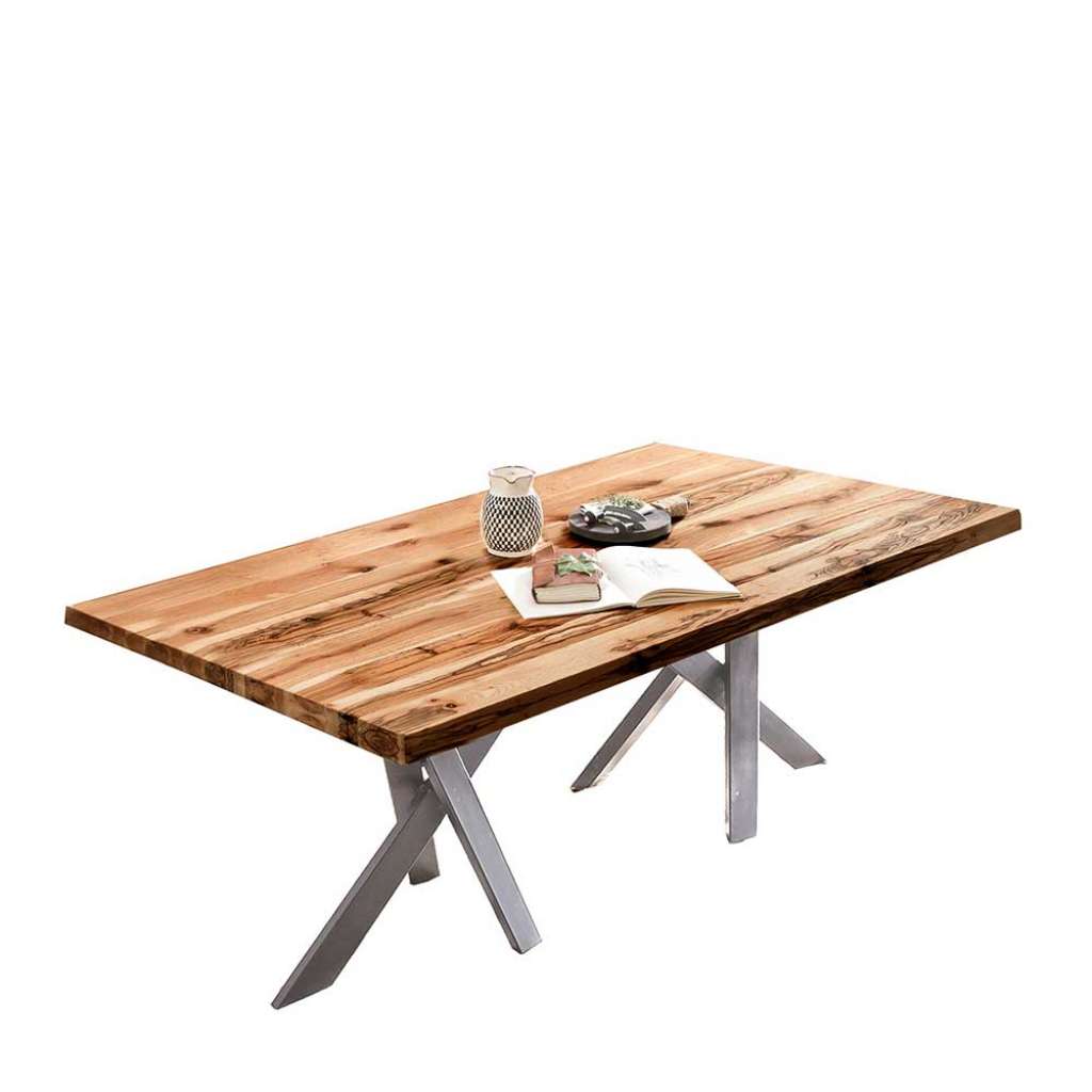 Esszimmer Tisch aus Eiche Massivholz Sechsfußgestell in Altsilberfarben