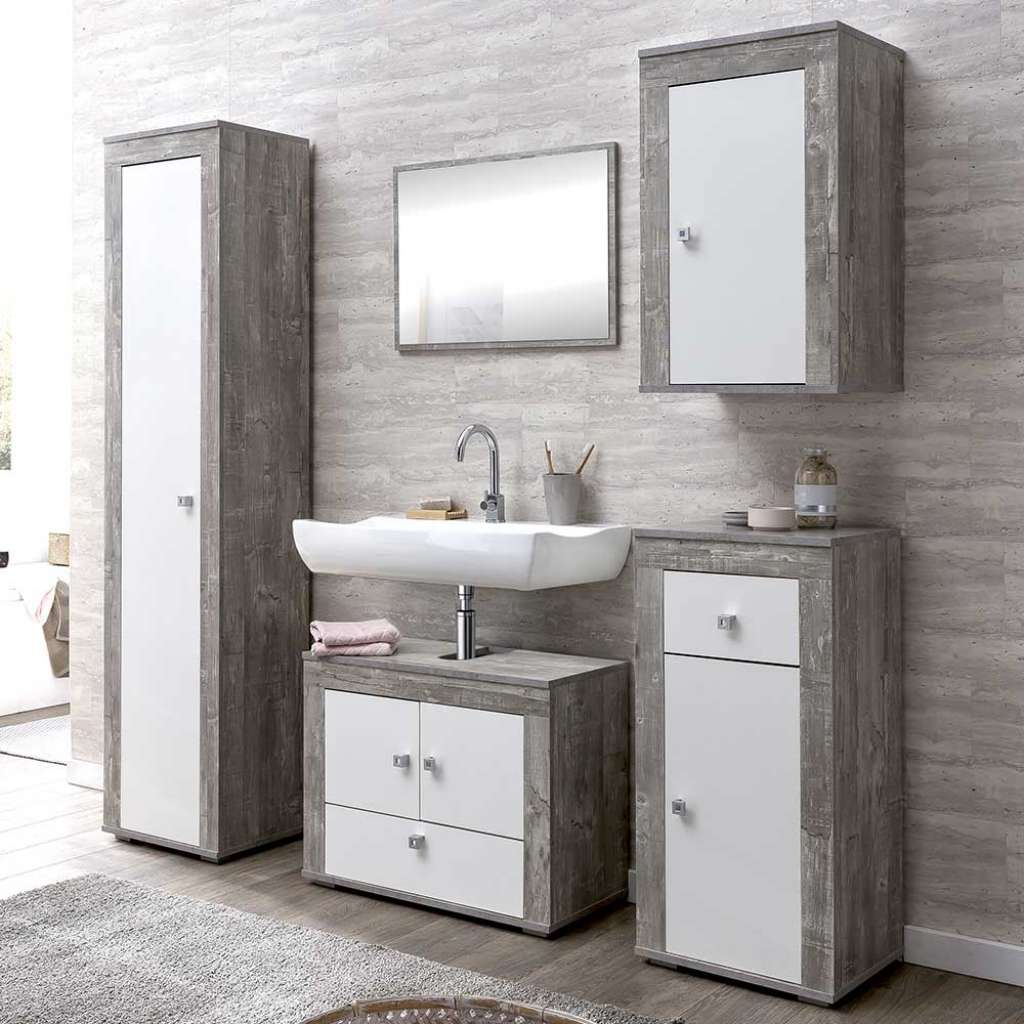 Badezimmermöbel Set in Beton Grau und Weiß modern (fünfteilig)
