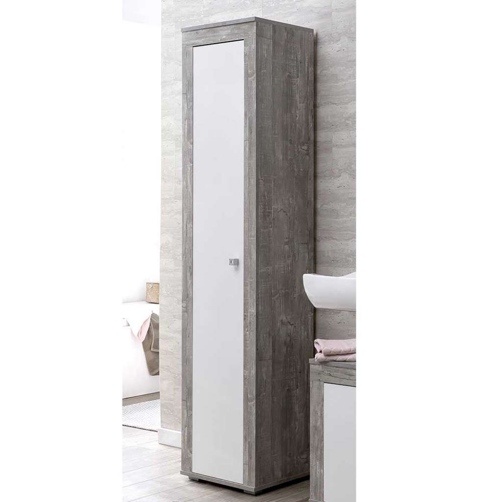 Badhochschrank in Beton Grau und Weiß Drehtür