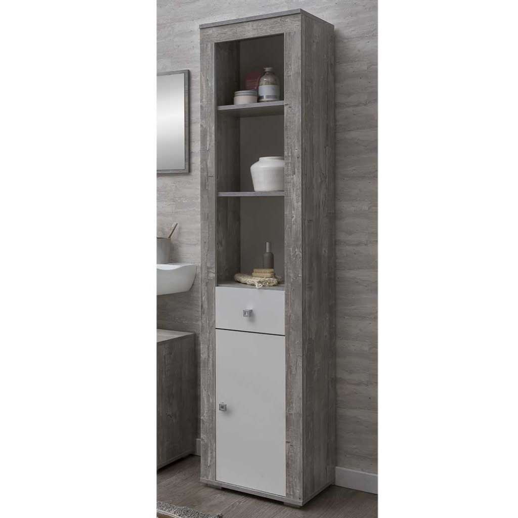 Badezimmerhochschrank in Beton Grau und Weiß Regalfach