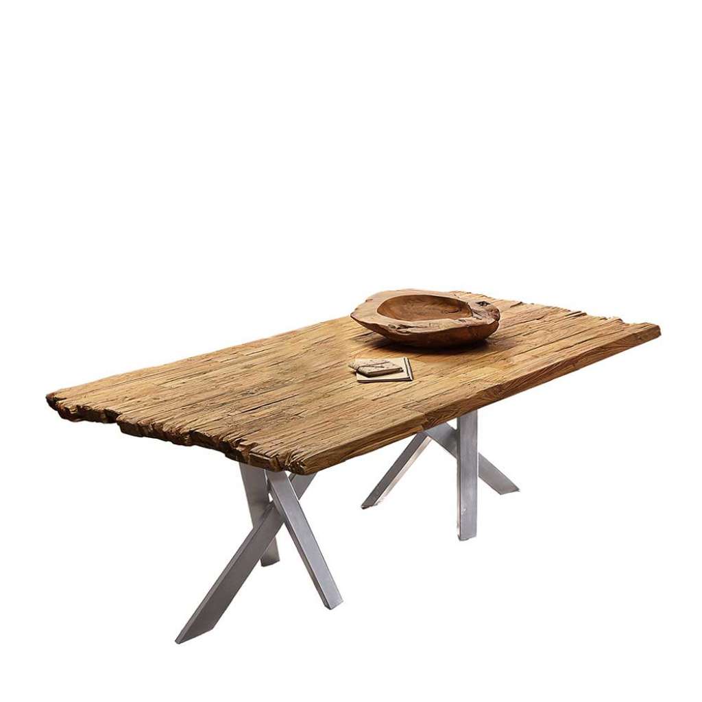 Rustikaler Esszimmertisch in Teak und Altsilberfarben Bruchkante