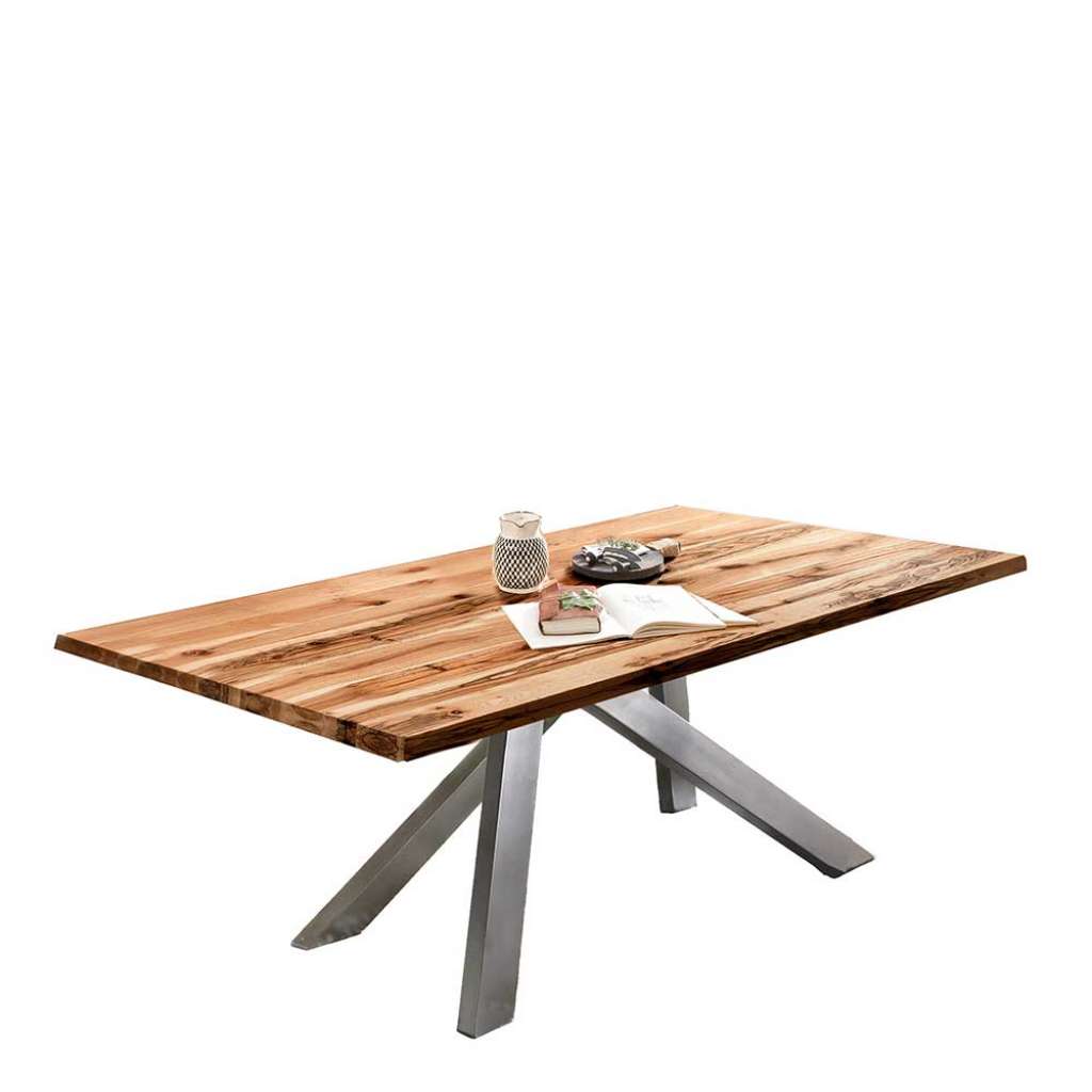 Holztisch Balkeneiche im Industrie Stil Metall Vierfußgestell