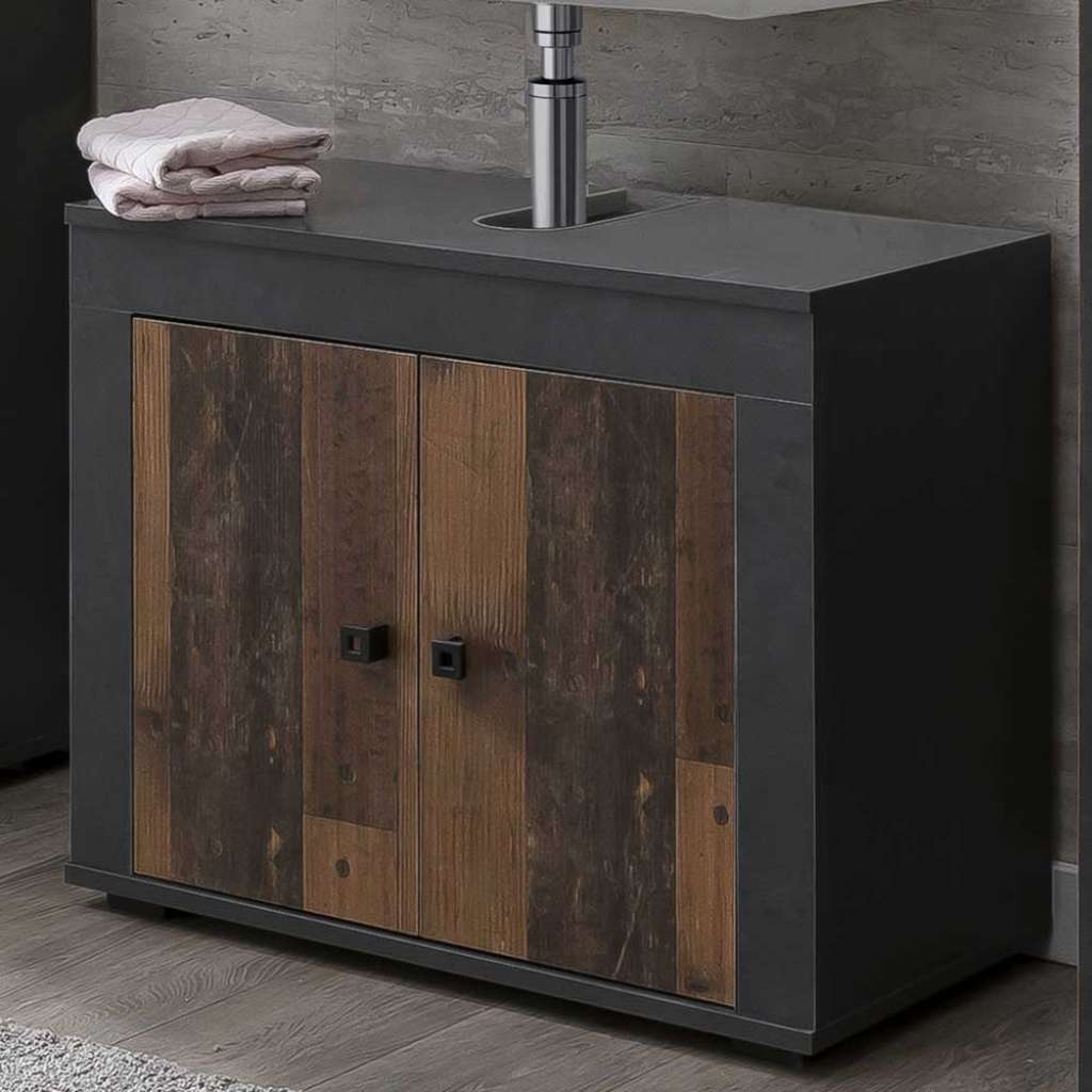 Badezimmerschrank mit Siphon Ausschnitt Dunkelgrau und Holz Antik Optik