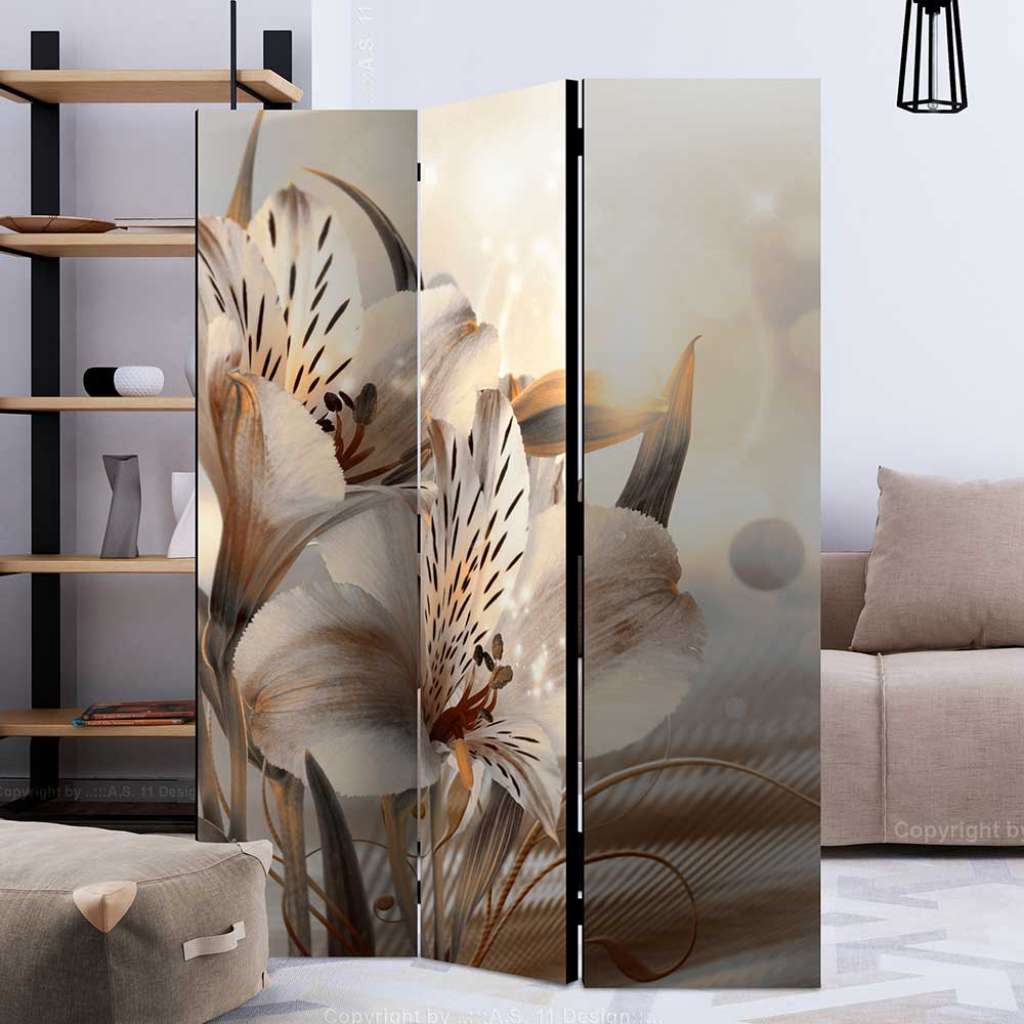 Paravent floral mit Lilien Motiv Beige und Grau