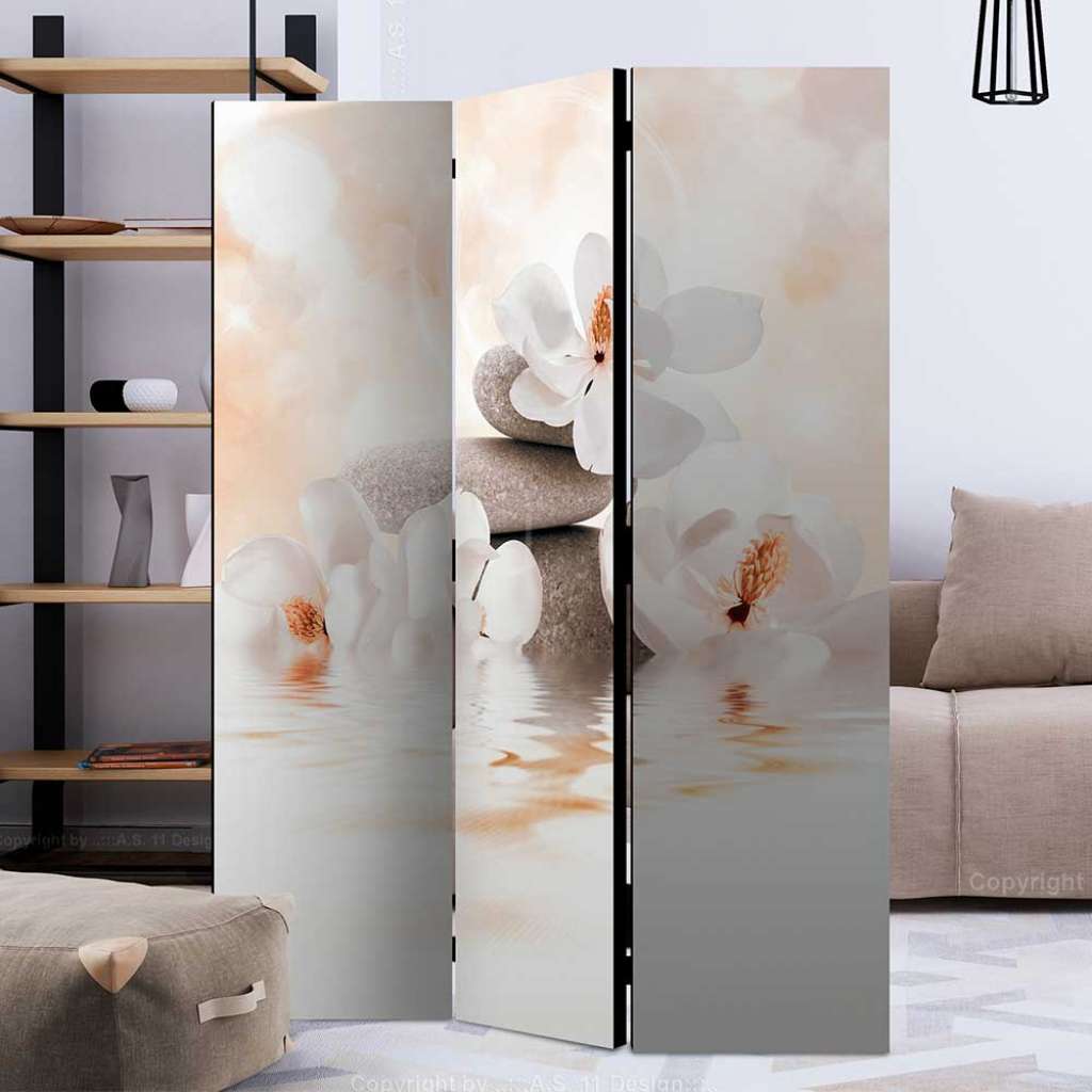 Zen Paravent in Cremefarben und Apricot Asien Motiv