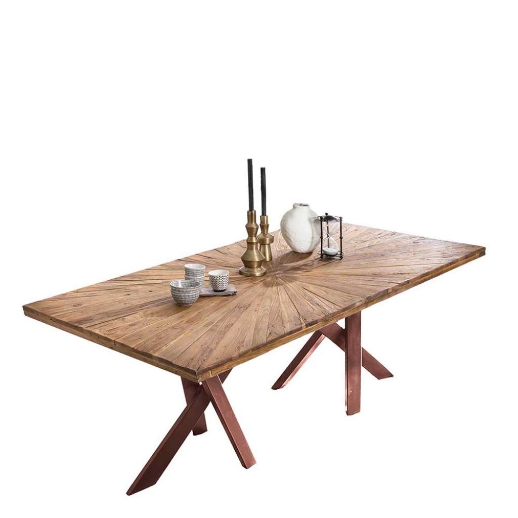 Esszimmer Tisch rustikal Platte mit Einlegearbeit Teak Recyclingholz