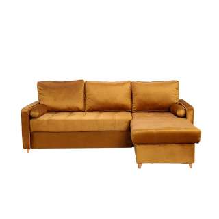 Eckschlafsofa in Gelb Velours Armlehnen und Kissen