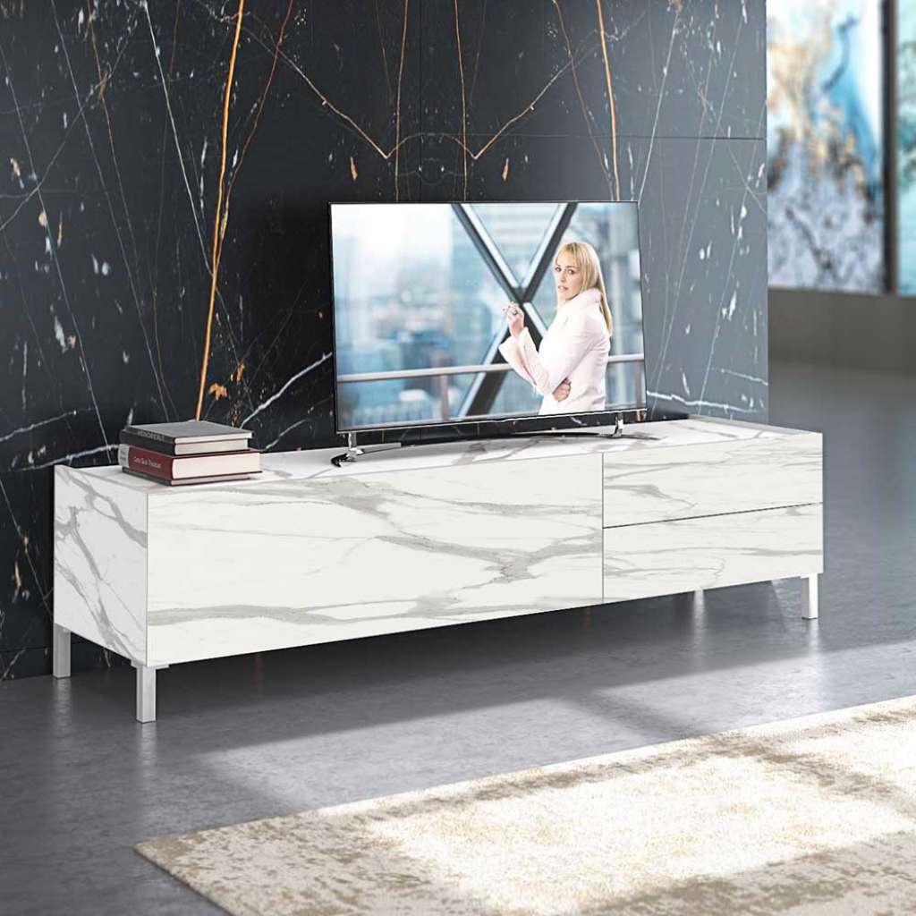 TV Möbel in Weiß und Hellgrau Marmoroptik zwei Schubladen