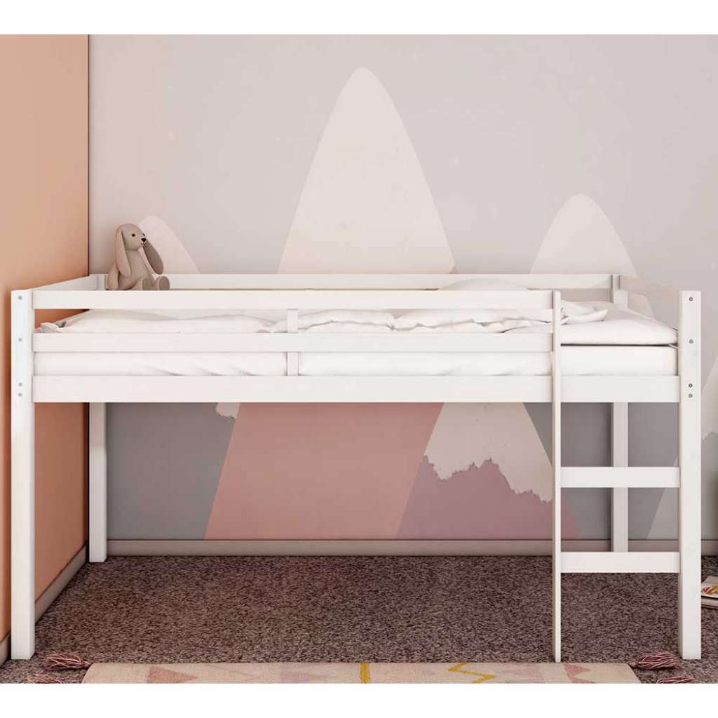 Kinderzimmer Hochbett in Weiß Kiefer Massivholz