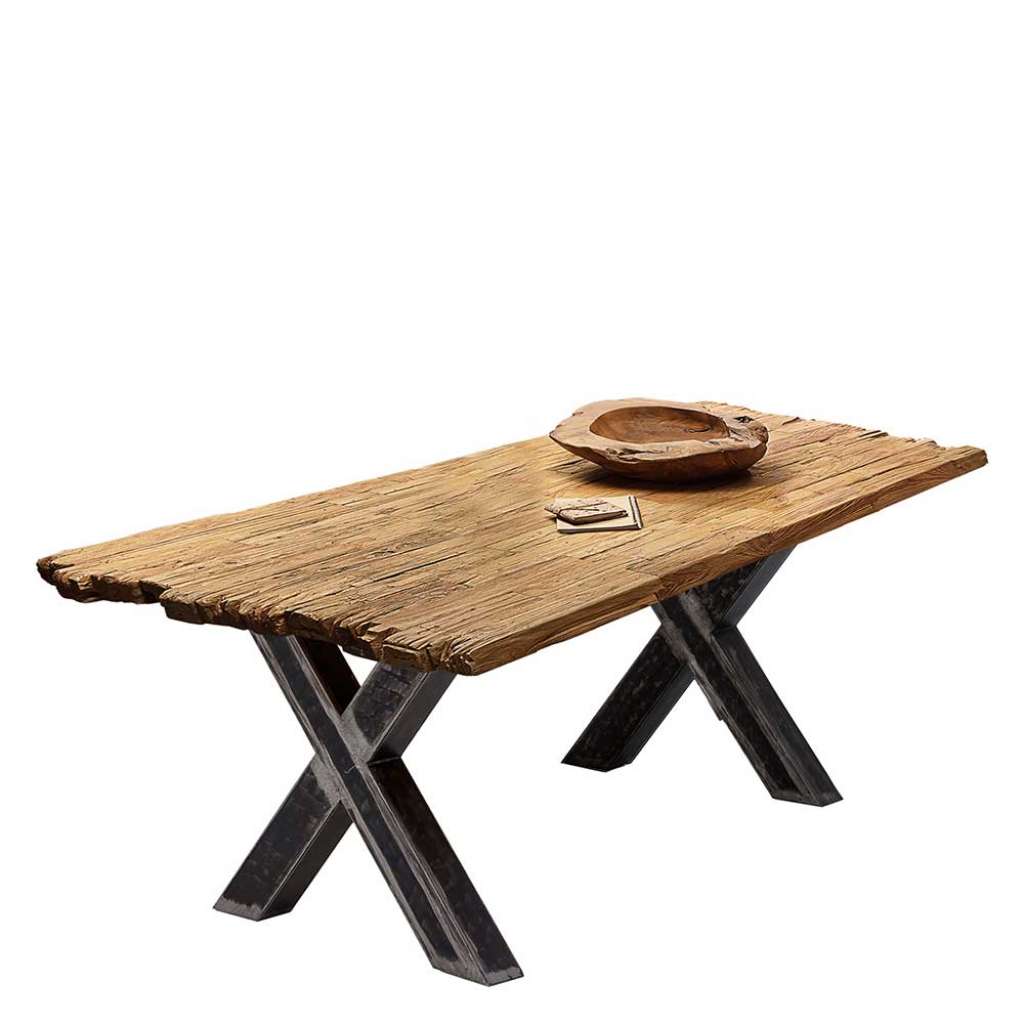 Design Esstisch rustikal aus Recyclingholz Teakfarben und Schwarz