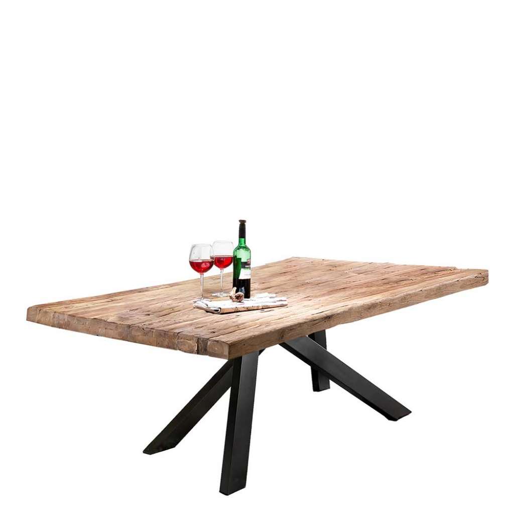 Holztisch rustikal mit Vierfußgestell schwarz Teak Massivholz und Metall