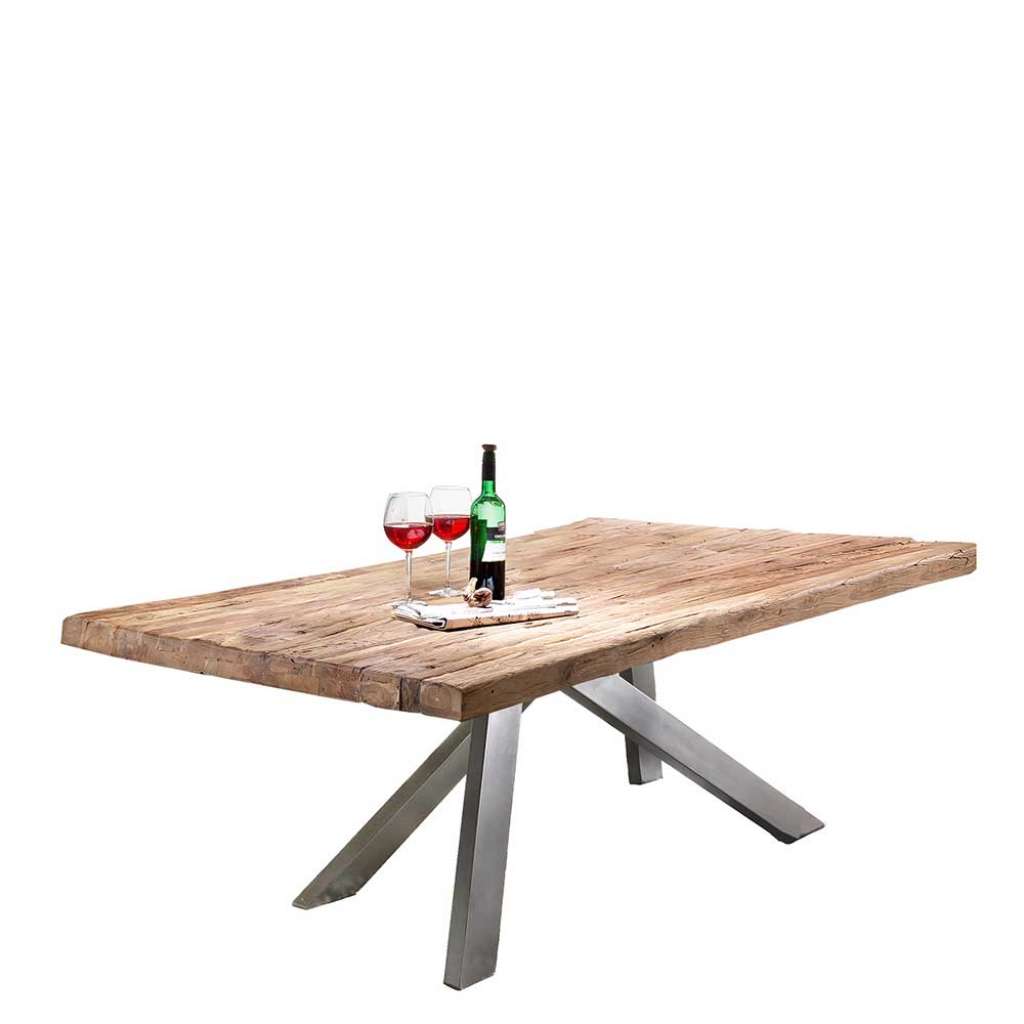 Upcycling Esstisch aus Teak Massivholz und Metall Vierfußgestell