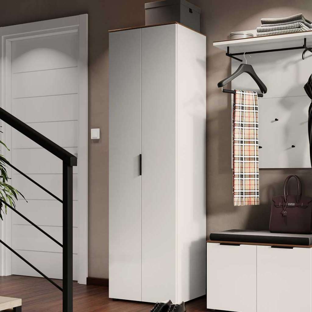 Hoher Garderobenschrank in Hellgrau Nussbaumfarben