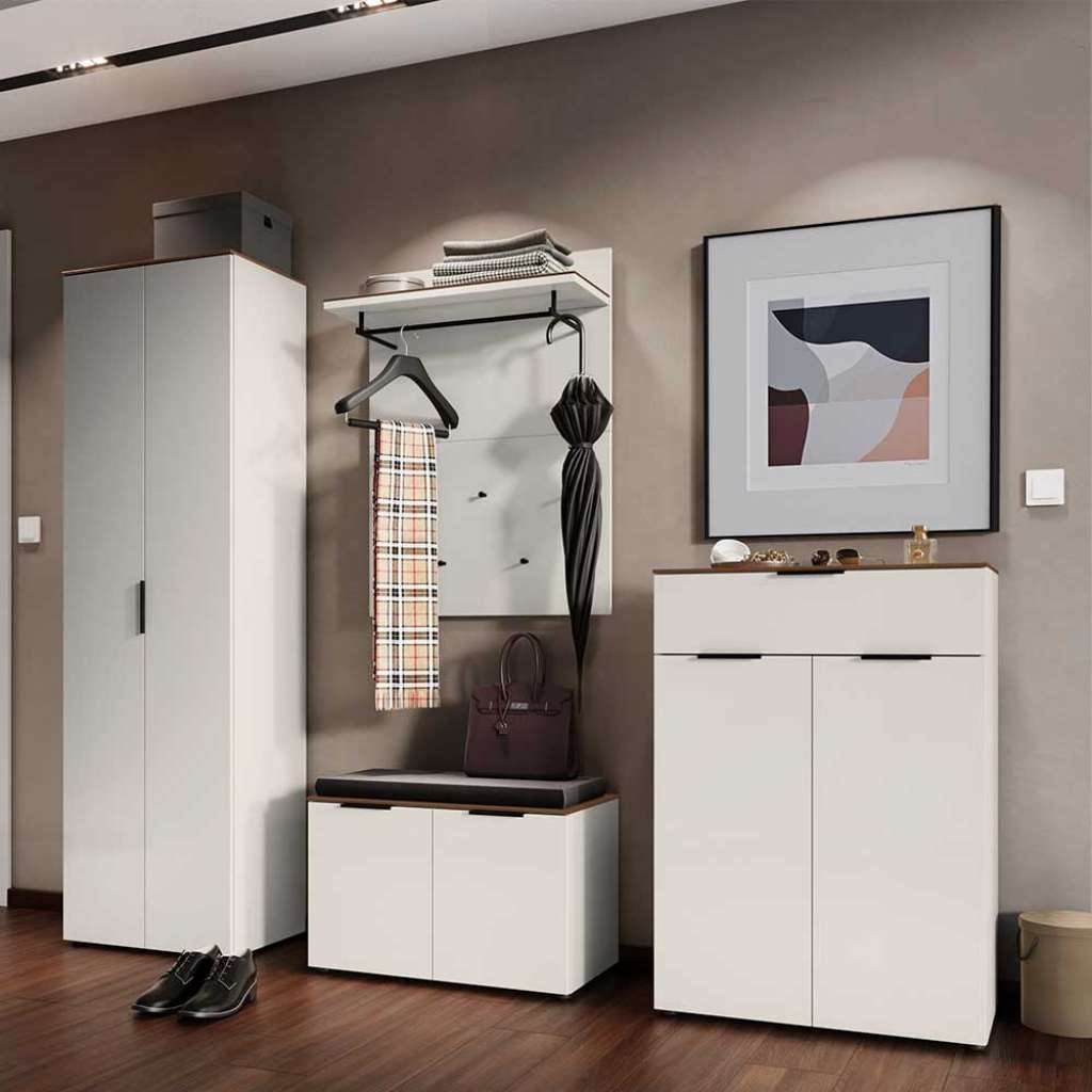 Dielenmöbelset in Hellgrau und Nussbaumfarben Sitzbank (vierteilig)