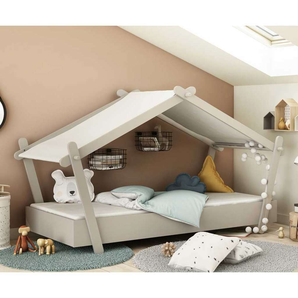 Kinderzimmerbett Haus in Hellgrau Dach