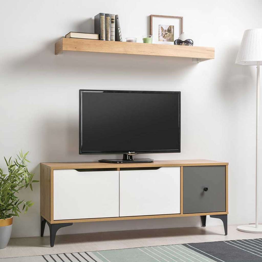 Fernsehunterschrank in Weiß Grau und Eiche Optik 3 Türen