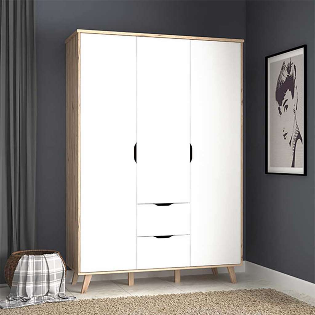 Schlafzimmerschrank in Sonoma Eiche und Weiß 3 Türen 2 Schubladen