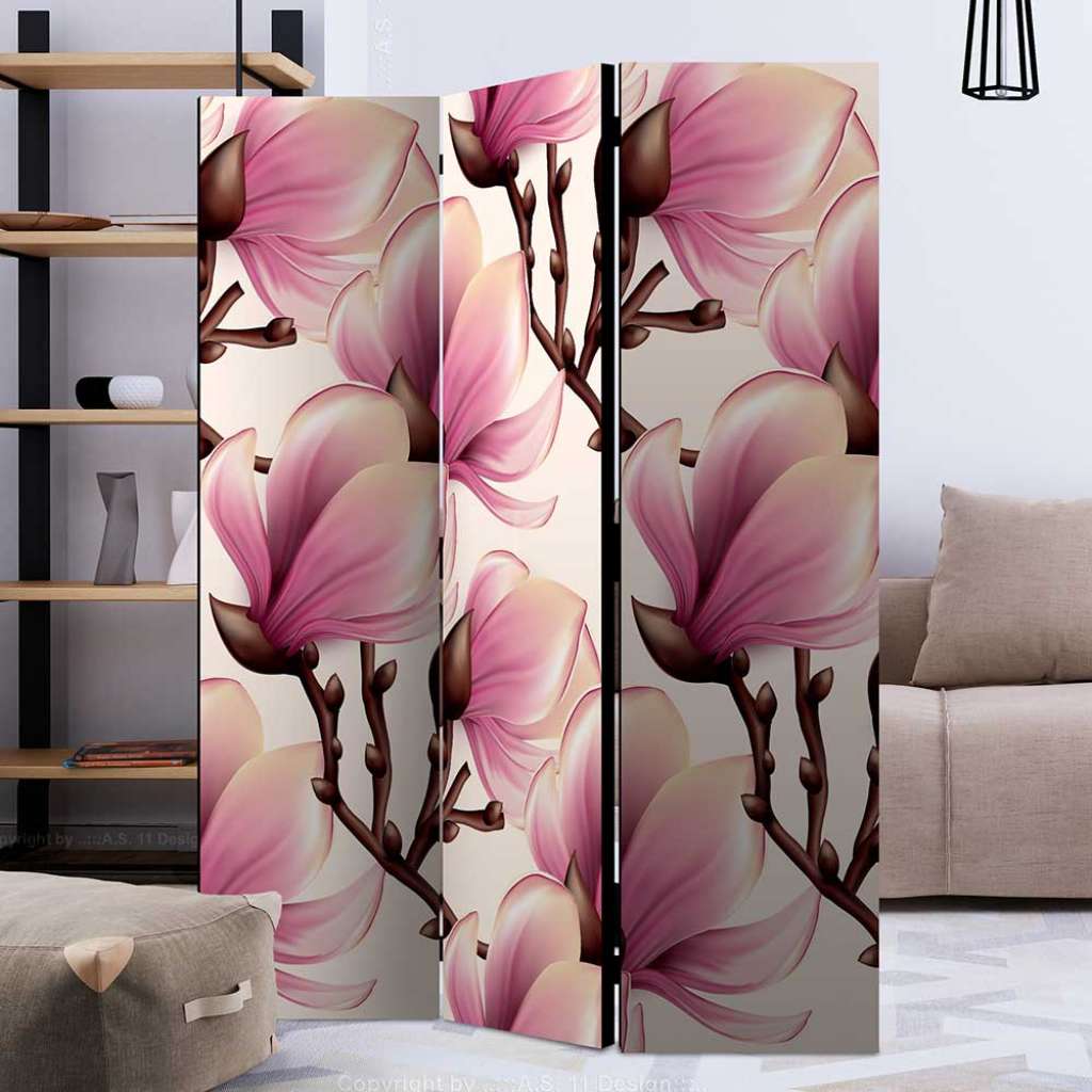 Hoher Paravent in Weiß und Rosa Magnolien Motiv