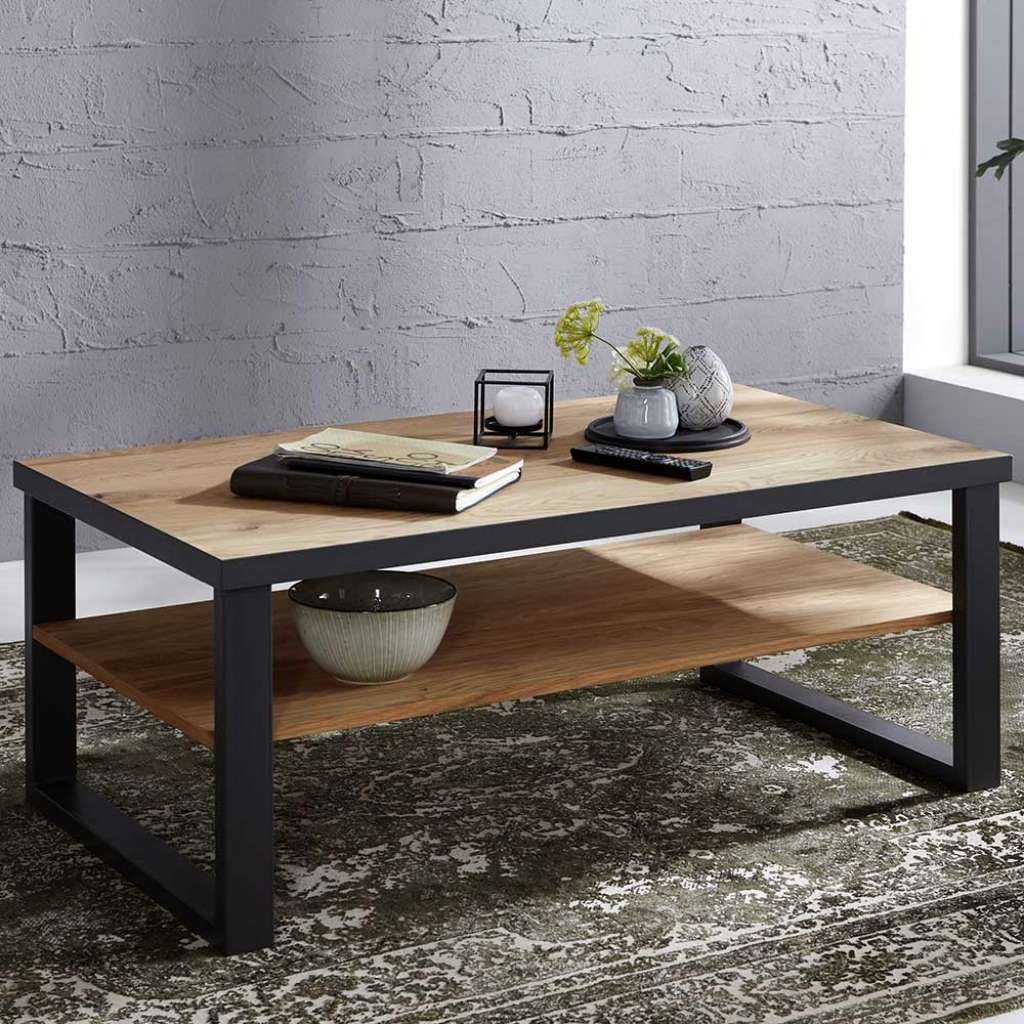 Wohnzimmer Tisch in Eichefarben und Dunkelgrau Ablage