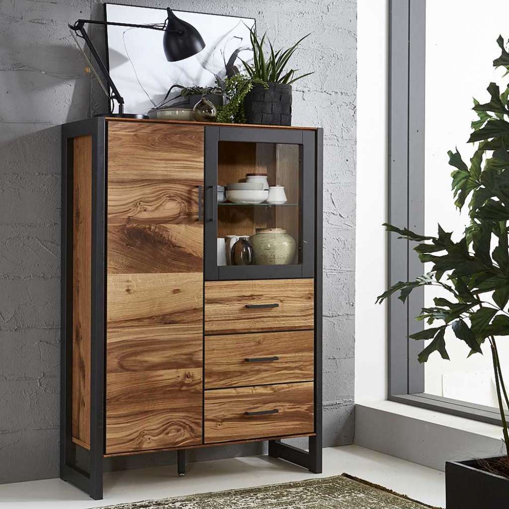 Esszimmer Vitrinenschrank in Eichefarben Dunkelgrau