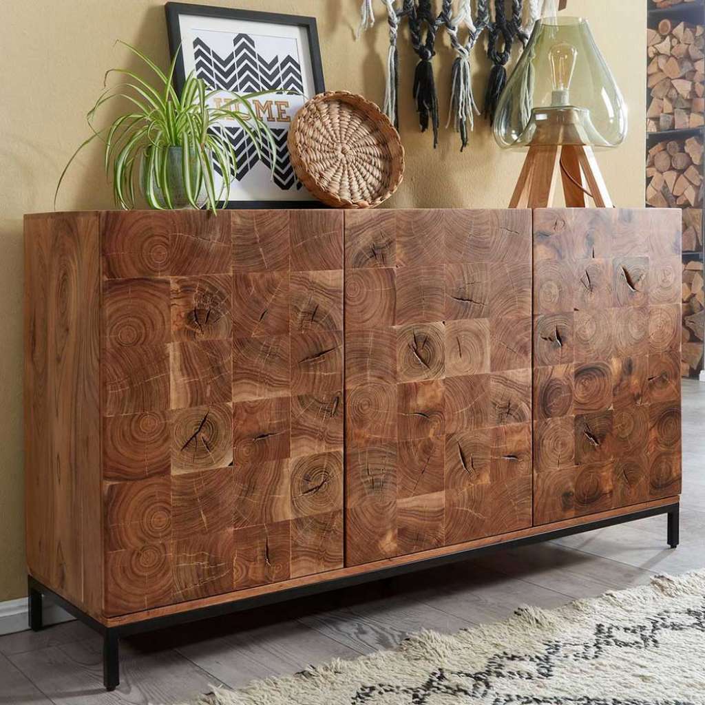 Wohnzimmer Kommode aus Akazie Massivholz Hirnholz Front