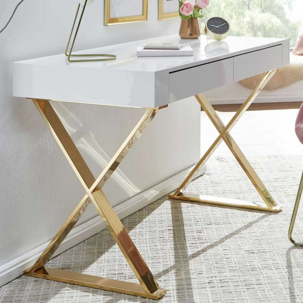 Schreibtisch Home Office in Weiß Hochglanz Goldfarben