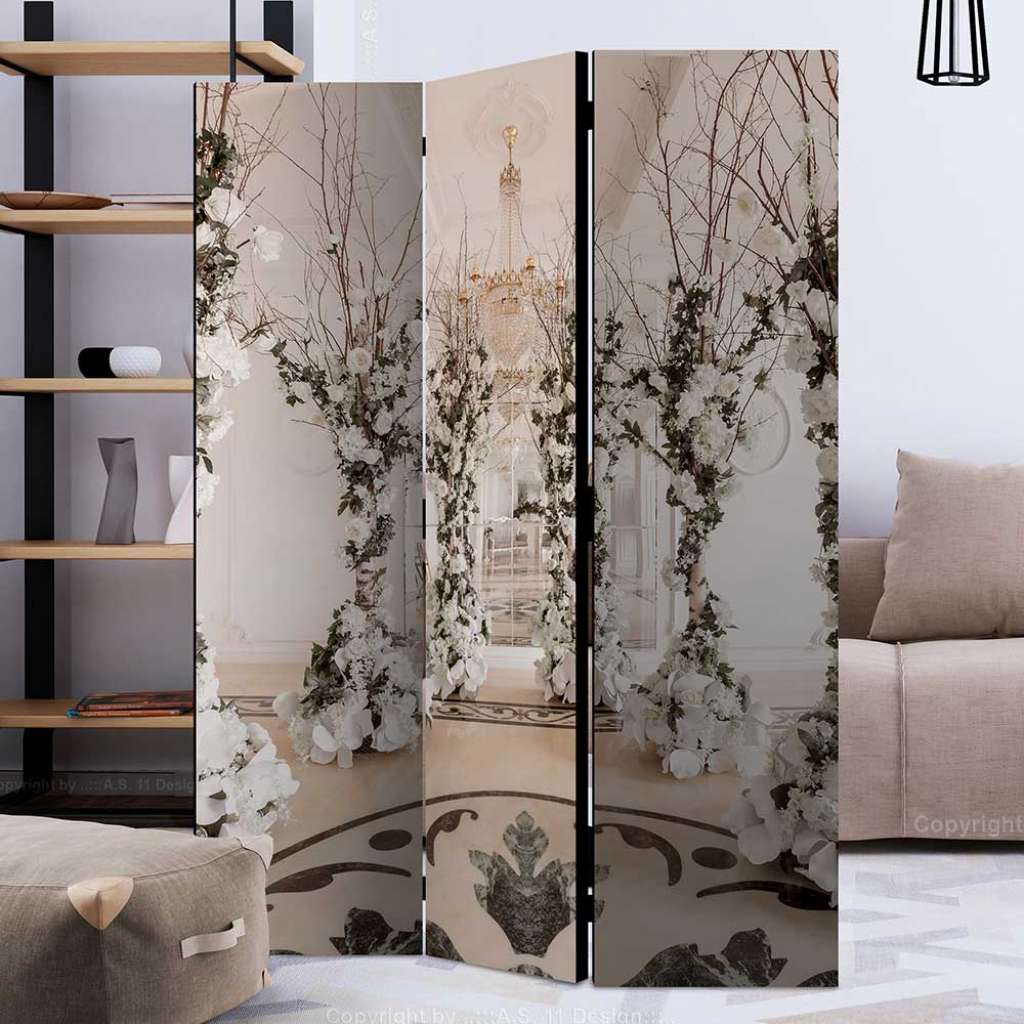 Paravent mit Blumen Motiv für Hochzeit Beige und Cremeweiß
