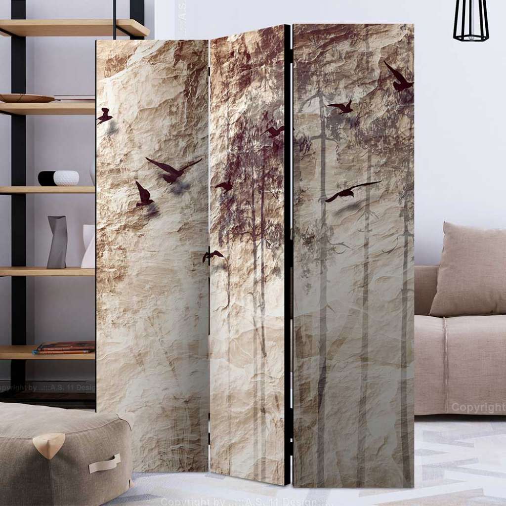 Hoher Paravent in Beige und Braun Vogel Motiv