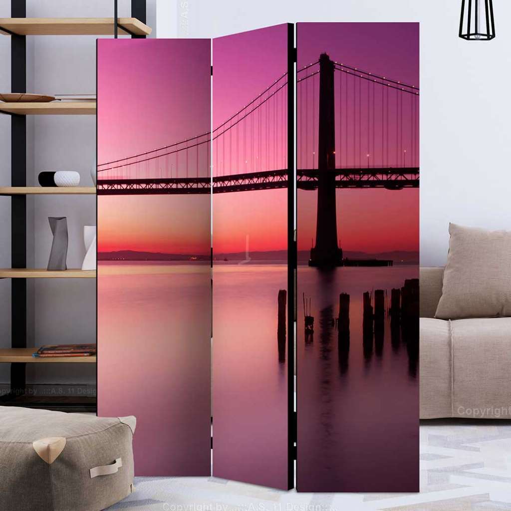 Paravant Leinwand in Pink und Violett Abendstimmung mit Brücke