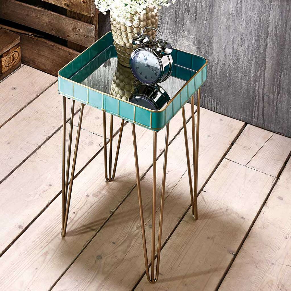 Designtisch in Türkis und Bronzefarben Spiegelglas Platte