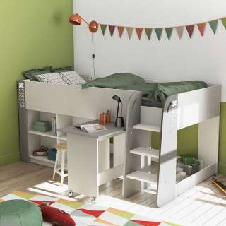Kinderzimmerbett in Weiß und Grau Regal und Schreibtisch