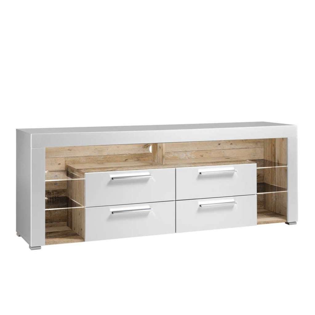 Fernsehunterschrank in Weiß und Holzoptik antik vier Schubladen