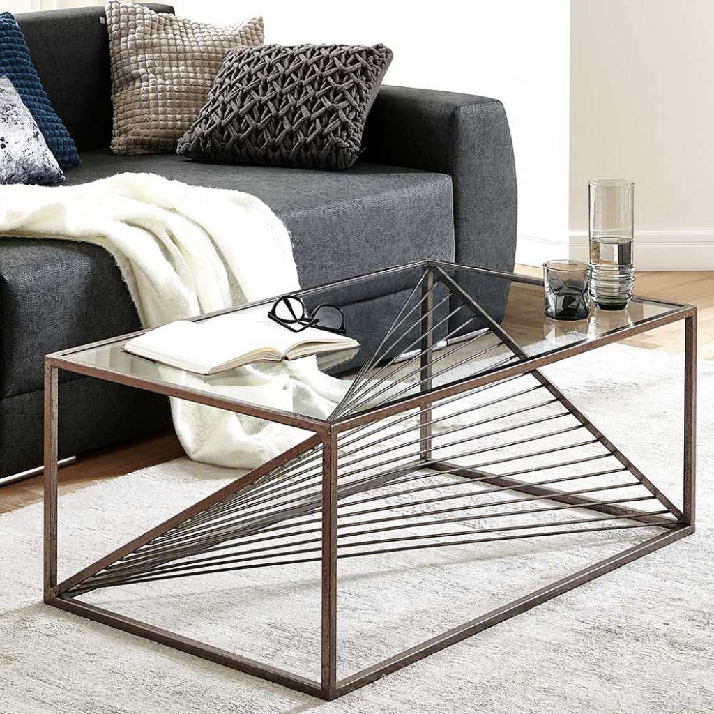 Designer Couchtisch mit Stahlgestell in Bronze Glasplatte