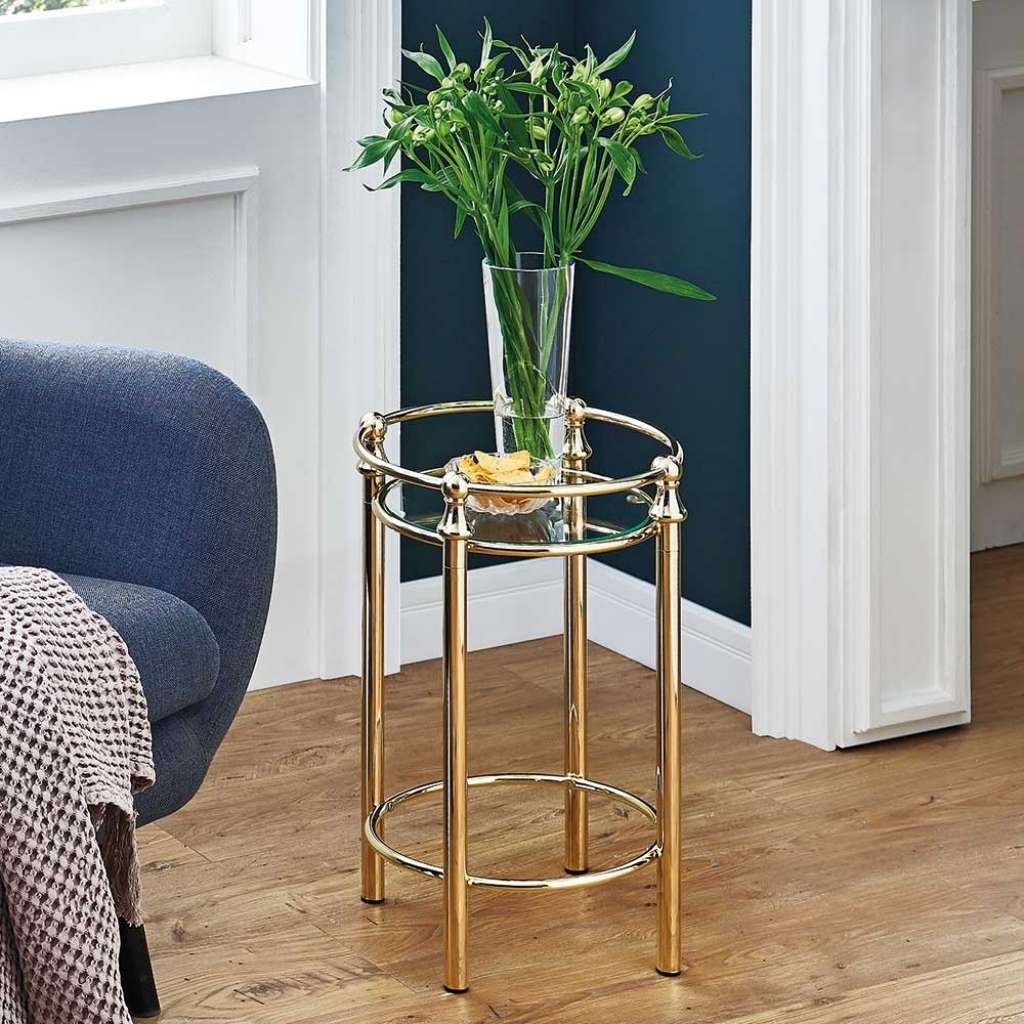 Runder Beistelltisch aus Glas und Stahl Messingfarben