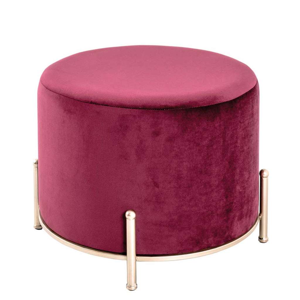 Retro Sitzhocker in Dunkelrot Samt Vierfußgestell aus Metall