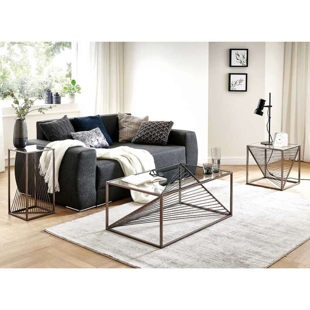 Design Couchtische mit Glasplatte Stahl Bügelgestell (dreiteilig)