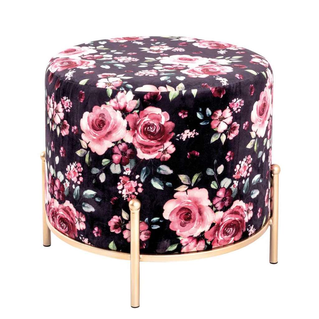 Sitzhocker in Schwarz und Bunt Samt mit Rosen Motiv