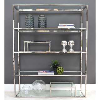 Design Raumteiler Regal aus Edelstahl poliert mit Glasablagen 180 cm hoch