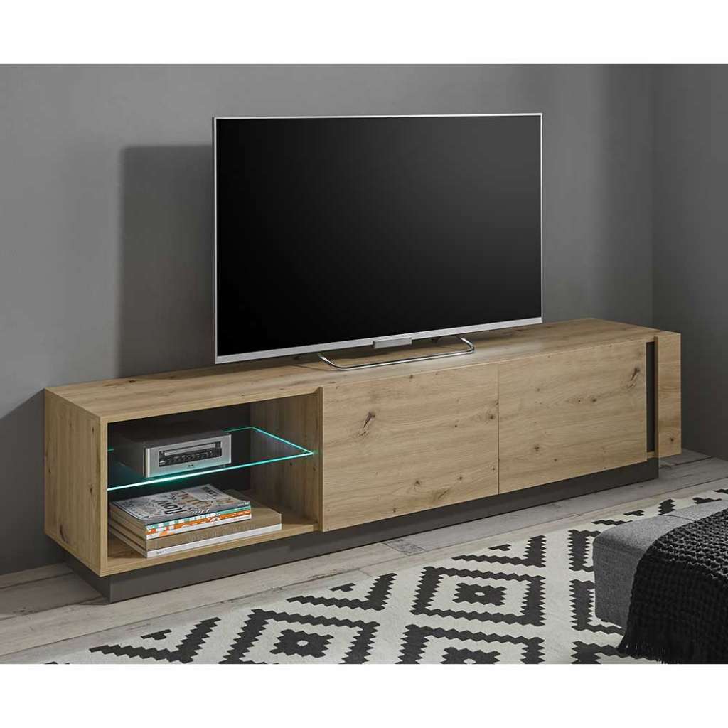 Modernes TV Lowboard in Wildeiche Optik und Dunkelgrau 188 cm breit