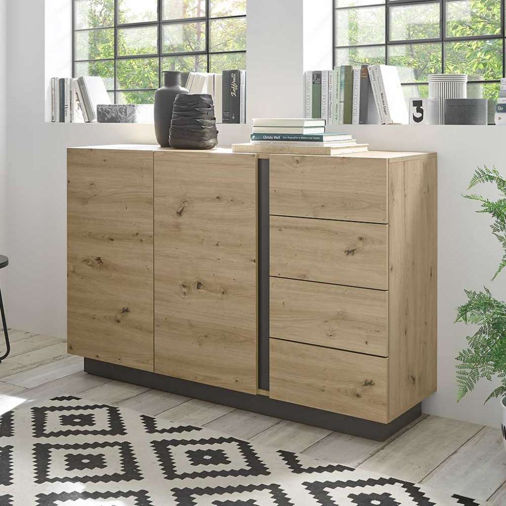 Sideboard in Wildeiche Optik und Dunkelgrau 4 Schubladen und 2 Türen