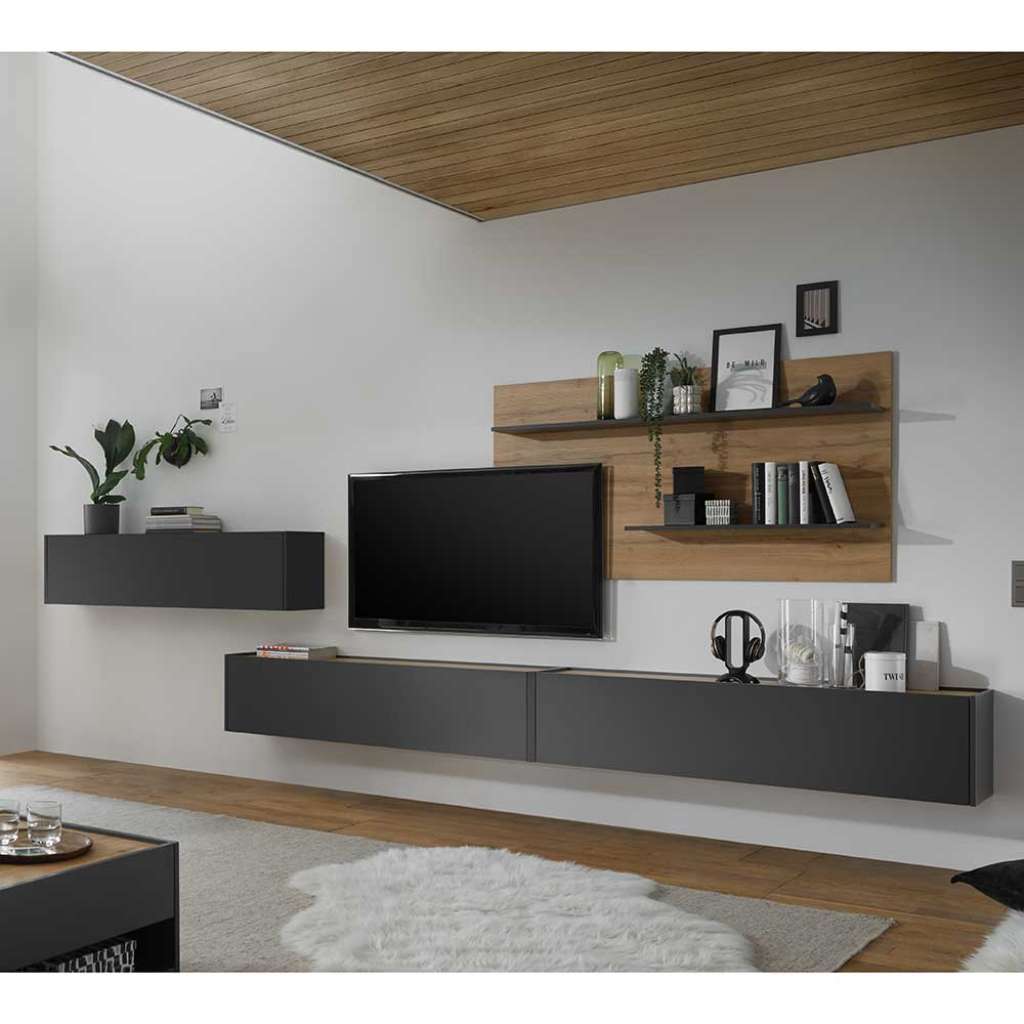 Moderne TV Wohnwand in Anthrazit und Wildeiche Optik 450 cm breit (vierteilig)