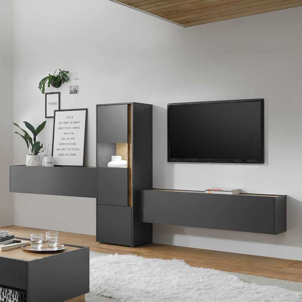 Design Wohnwand in Anthrazit und Wildeiche Optik 350 cm breit (dreiteilig)